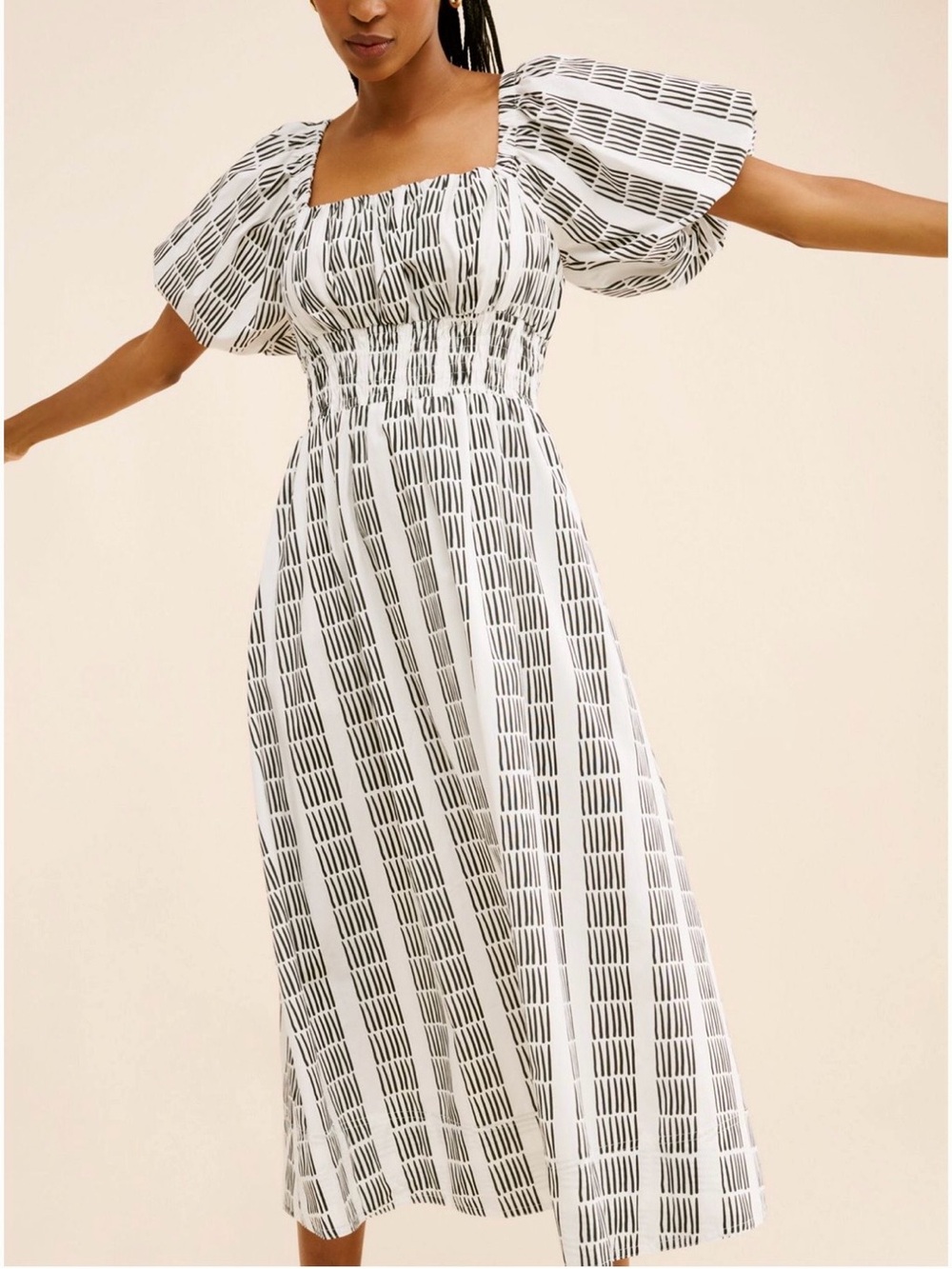 Maeve Square-Neck Puff Sleeve Midi Dress in Black & White with pockets